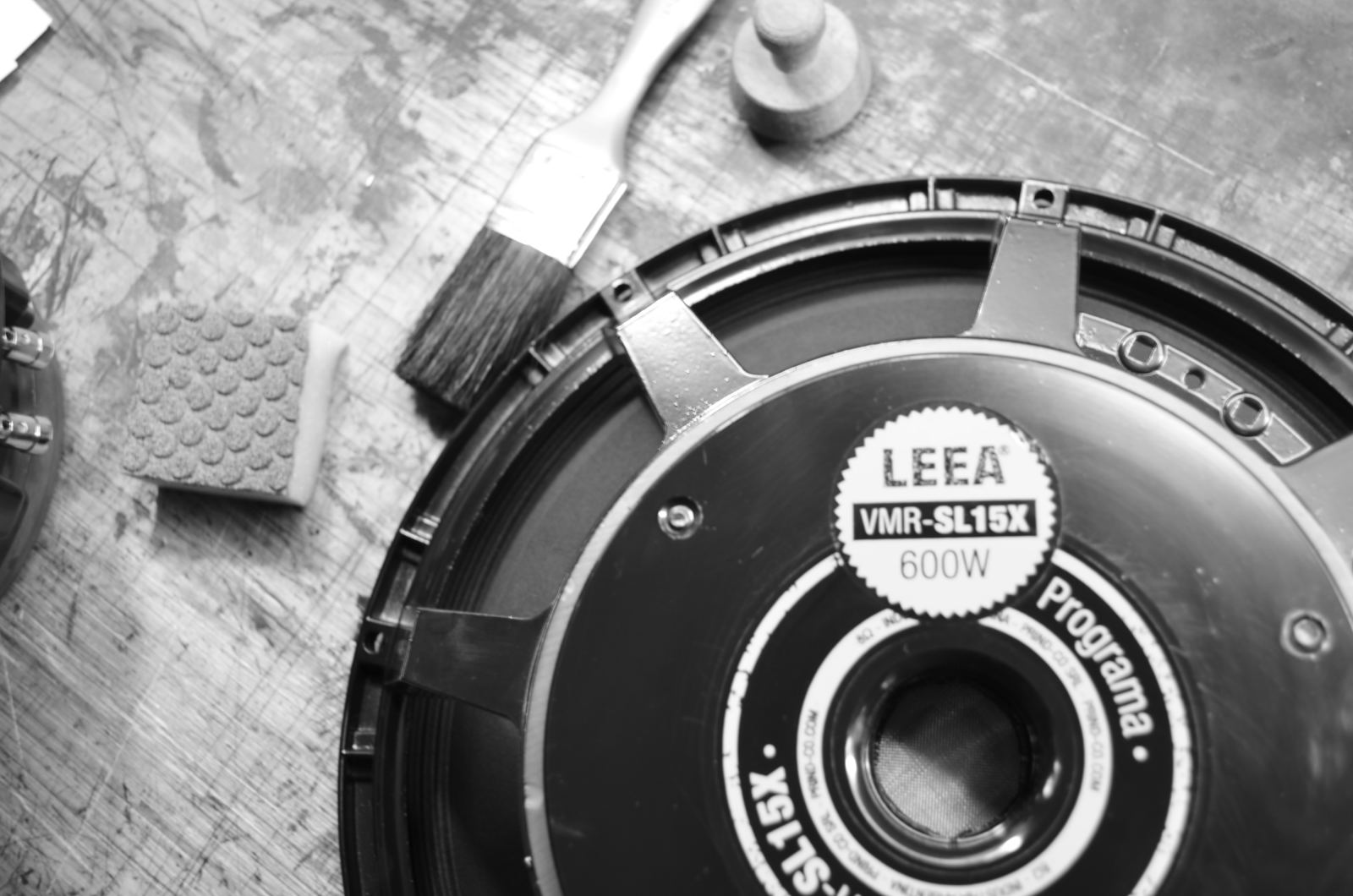 Woofer LEEA con etiqueta, en blanco y negro